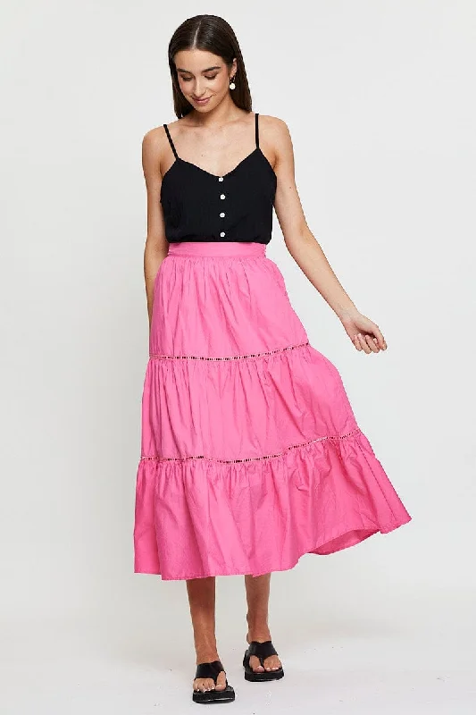 Pink Maxi Skirt High Rise Tiered Cotton