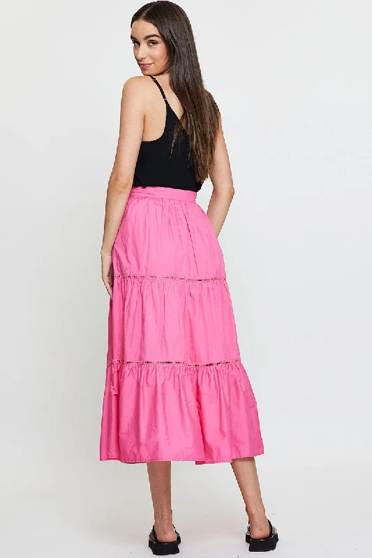 Pink Maxi Skirt High Rise Tiered Cotton