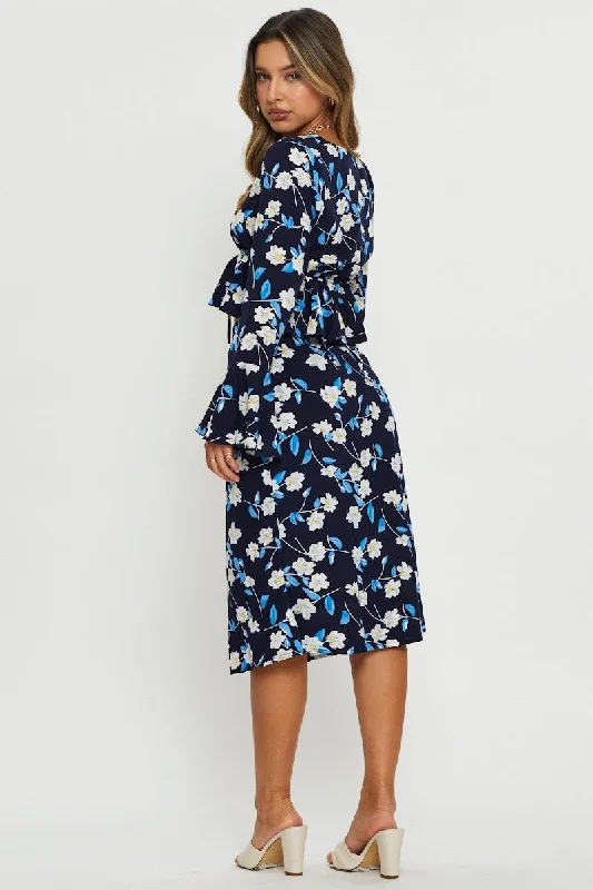 Print Midi Skirt Tie Waist