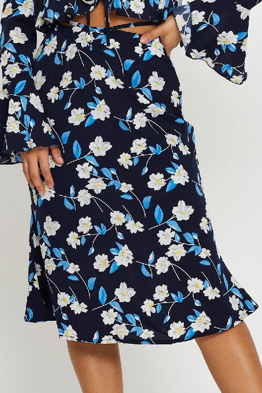 Print Midi Skirt Tie Waist