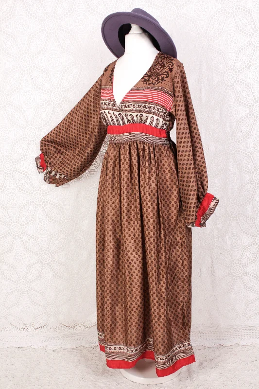 Rosemary Maxi Dress - Vintage Indian Sari - Hazelnut & Red Floral Paisley - S/M