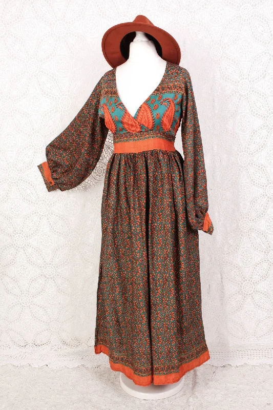 Rosemary Maxi Dress - Vintage Indian Sari - Jade & Cantaloupe Floral Paisley - XS/S