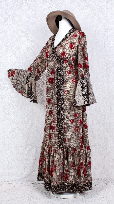 SALE Sylvia Wrap Dress - Vintage Indian Sari - Cream, Hickory & Ruby Floral (S to M/L)