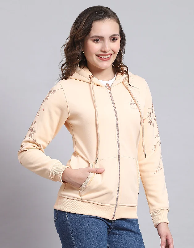 Women Beige Printed Hooded Full Sleeve Sweatshirt