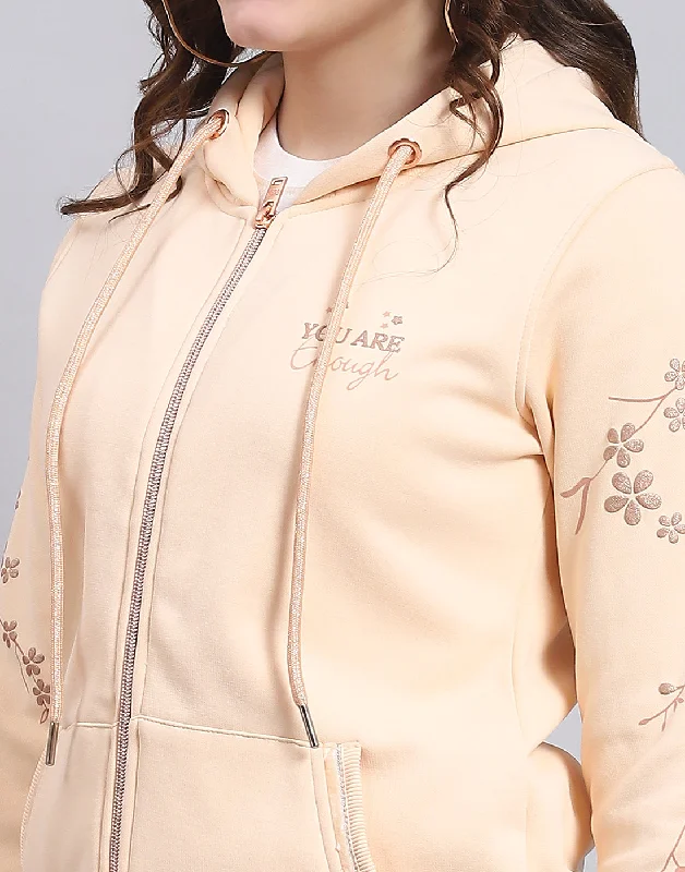 Women Beige Printed Hooded Full Sleeve Sweatshirt