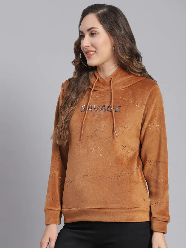 Women Brown Printed Hooded Full Sleeve Sweatshirts