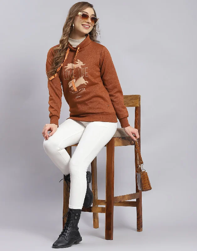 Women Brown Printed Round Neck Full Sleeve Sweatshirt