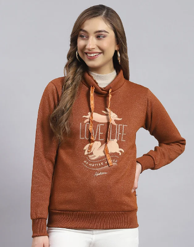 Women Brown Printed Round Neck Full Sleeve Sweatshirt