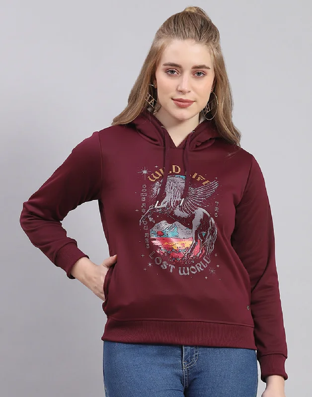 Women Maroon Printed Hooded Full Sleeve Sweatshirt