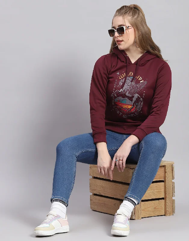 Women Maroon Printed Hooded Full Sleeve Sweatshirt