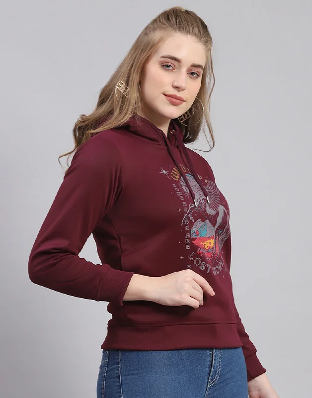 Women Maroon Printed Hooded Full Sleeve Sweatshirt