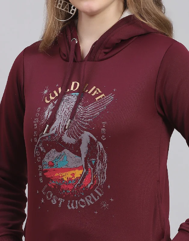 Women Maroon Printed Hooded Full Sleeve Sweatshirt