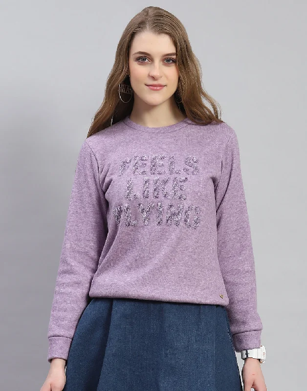 Women Purple Embroidered Round Neck Full Sleeve Sweatshirt