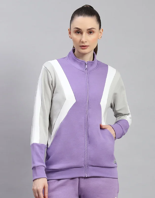 Women Purple Solid Stand Collar Full Sleeve Sweatshirt