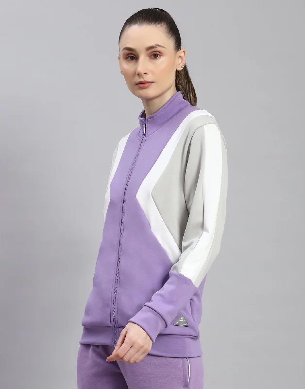 Women Purple Solid Stand Collar Full Sleeve Sweatshirt