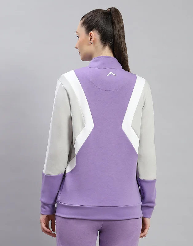 Women Purple Solid Stand Collar Full Sleeve Sweatshirt