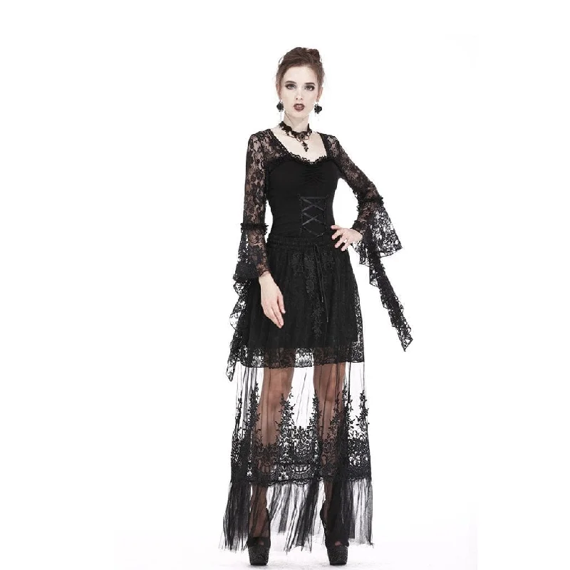 Women's Goth Floral Embroideried Translucent Lace Maxi Skirt