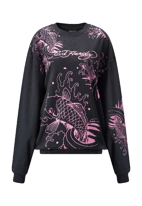 Womens Koi River Graphic Relaxed Crew Neck Sweatshirt - Charcoal