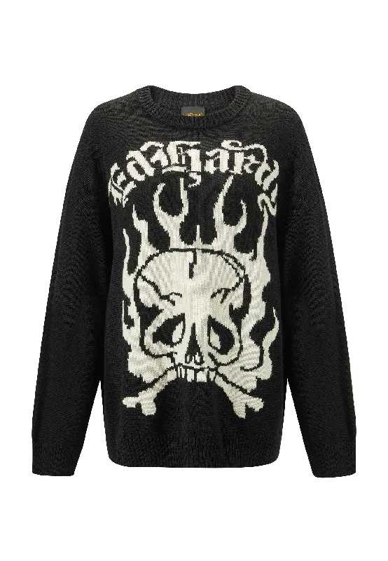 Womens Skull In Flames Jaquard Knitted Jumper - Black/Off White