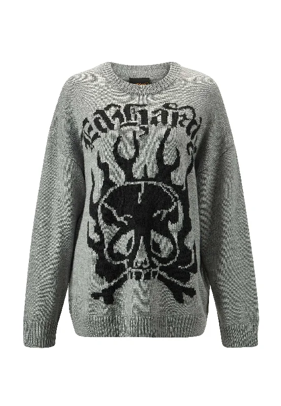 Womens Skull In Flames Jaquard Knitted Jumper - Grey/Black