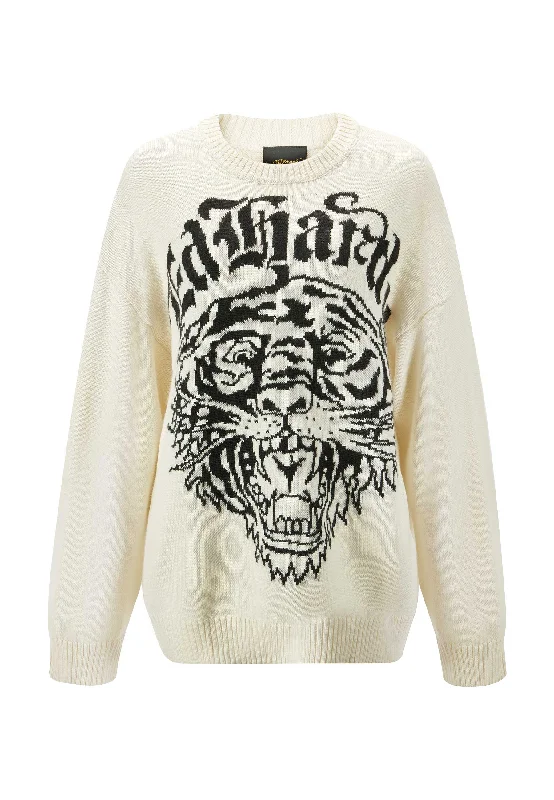 Womens Tiger-Roar Jaquard Knitted Jumper - Off White/Black