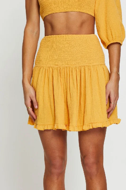 Yellow Shirred Skater Skirt