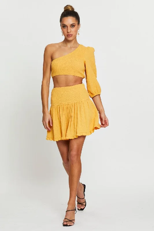 Yellow Shirred Skater Skirt