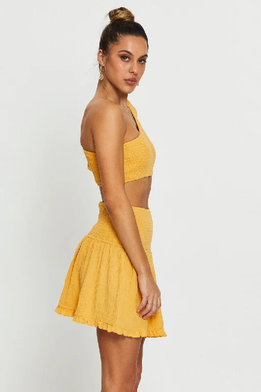 Yellow Shirred Skater Skirt