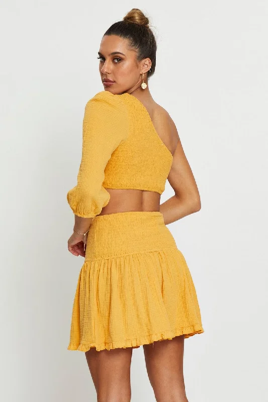 Yellow Shirred Skater Skirt