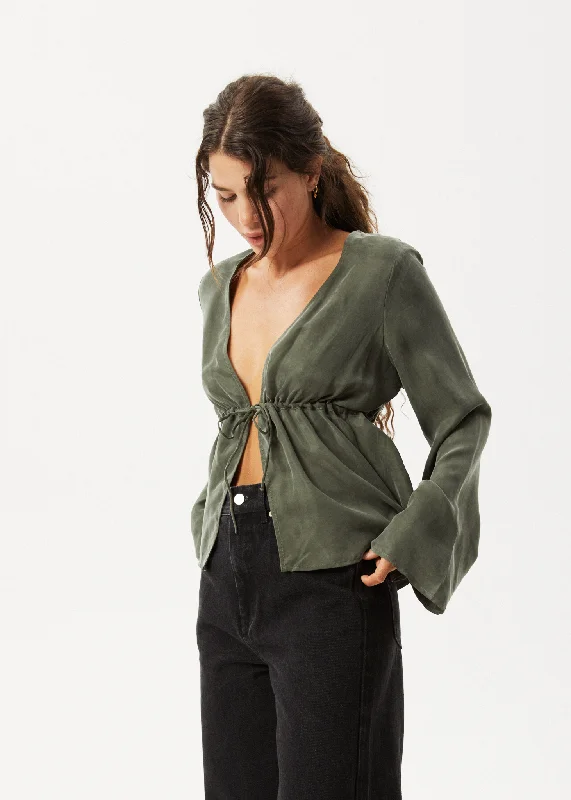 AFENDS Womens Grace - Cupro Tie Blouse - Deep Green