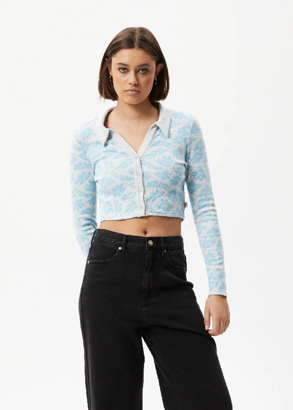 AFENDS Womens Billie - Ribbed Floral Long Sleeve Shirt - Smoke Blue