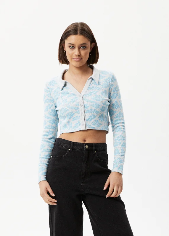 AFENDS Womens Billie - Ribbed Floral Long Sleeve Shirt - Smoke Blue