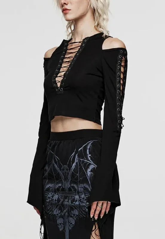 Black Lace Up Top w/ Flared Sleeves