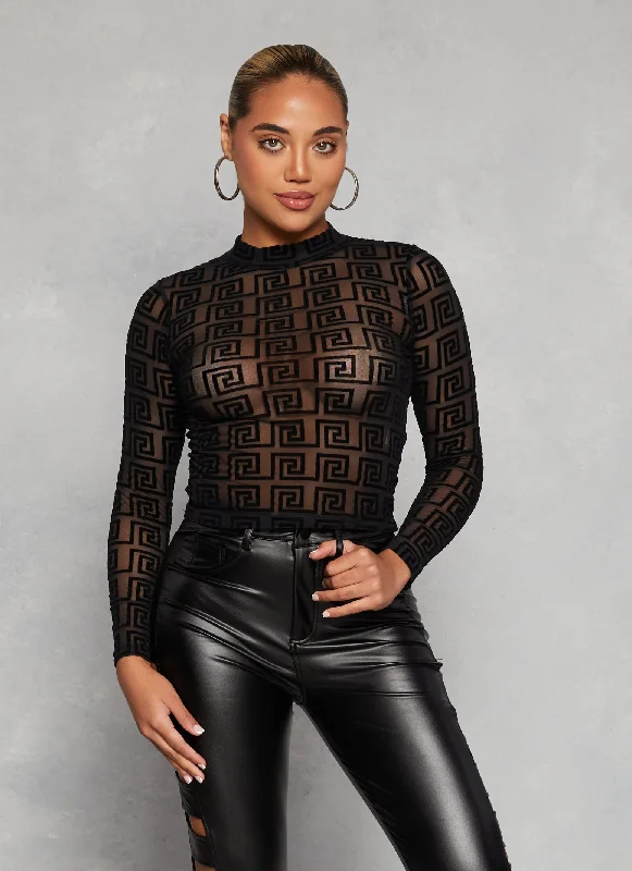 Patterned Velvet Burnout Mesh Top