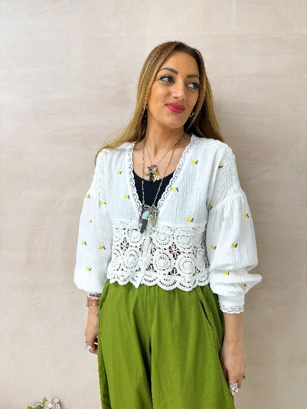 Crochet Hem Lemon Embroidered Swing Shirt In White