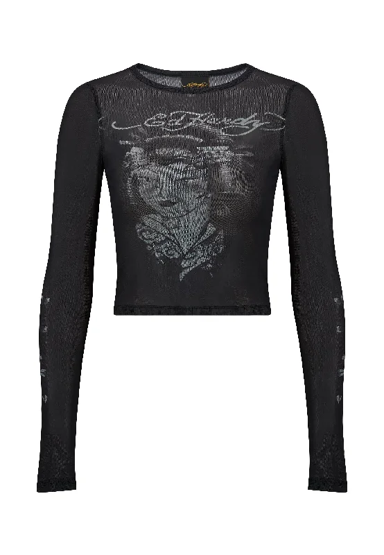 Womens Geisha-Girl Mesh Long Sleeved T-Shirt - Black