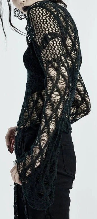 Hollowed Out Mesh Fishnet Sweater w/ Flared Sleeves