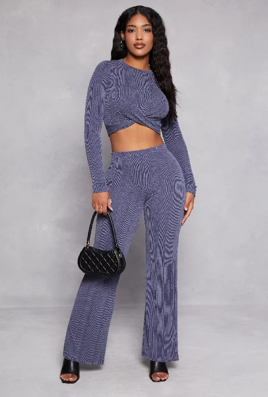 Ribbed Knit Twist Front Long Sleeve Crop Top