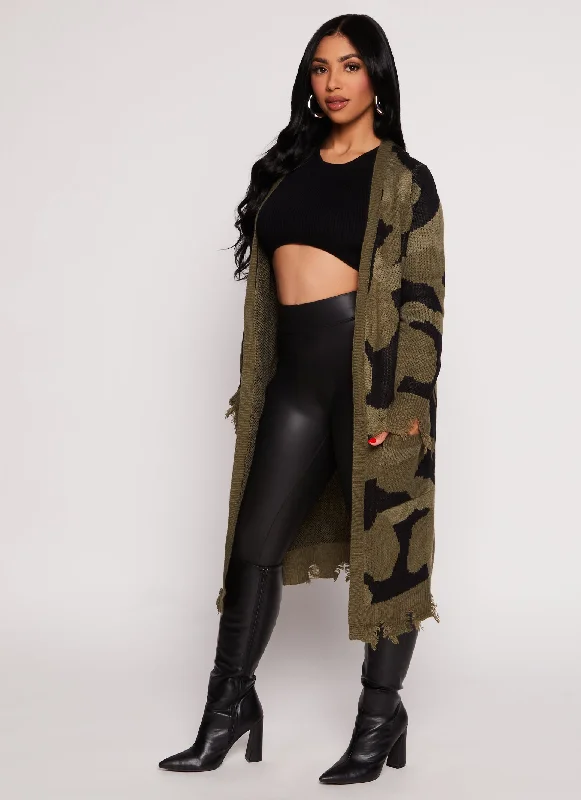 Camo Distressed Long Cardigan