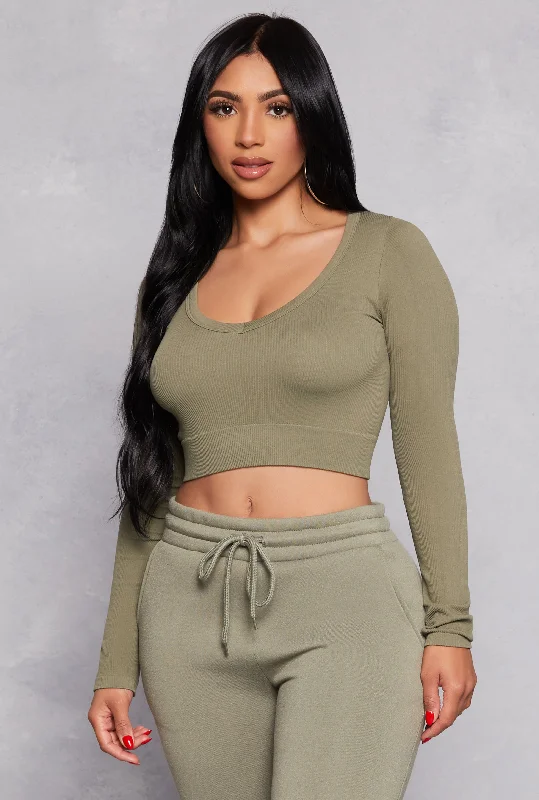 Seamless Ribbed Knit Long Sleeve Crop Top