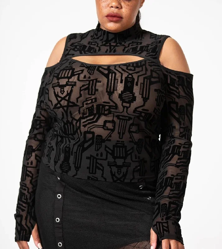 Tuned Out Mesh Cold Shoulder Long Sleeved Top