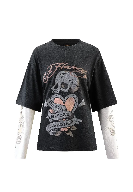 Womens Death & Dishonour Double Sleeve Relaxed Tshirt Top